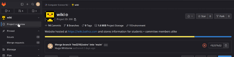 gif showing the steps of going to the merge requests menu under pinned and clicking new merge request button and choosing a branch to merge into main
